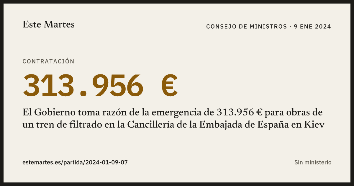 Tarjeta: El Gobierno toma razón de la emergencia de 313.956 € para obras de un tren de filtrado en la Cancillería de la Embajada de España en Kiev