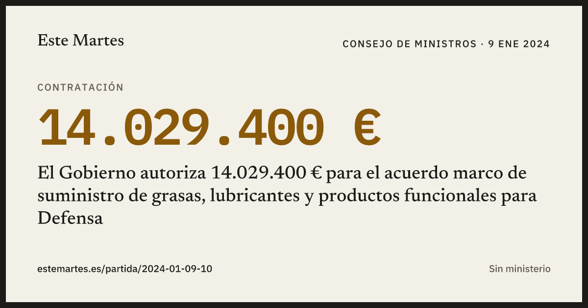 Tarjeta: El Gobierno autoriza 14.029.400 € para el acuerdo marco de suministro de grasas, lubricantes y productos funcionales para Defensa
