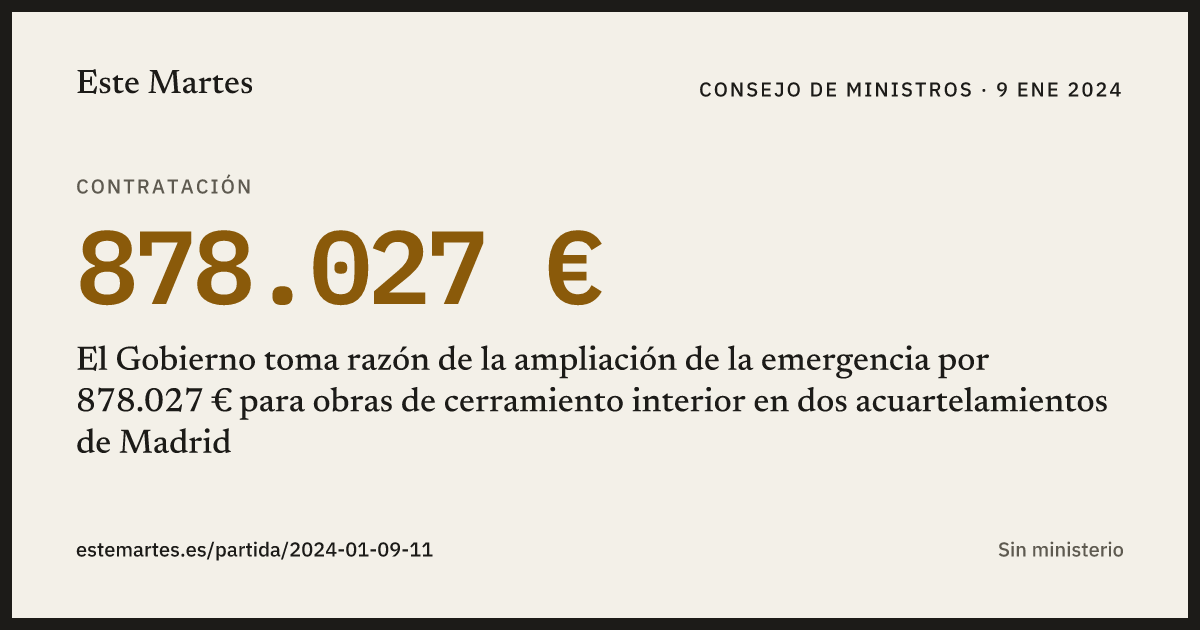 Tarjeta: El Gobierno toma razón de la ampliación de la emergencia por 878.027 € para obras de cerramiento interior en dos acuartelamientos de Madrid