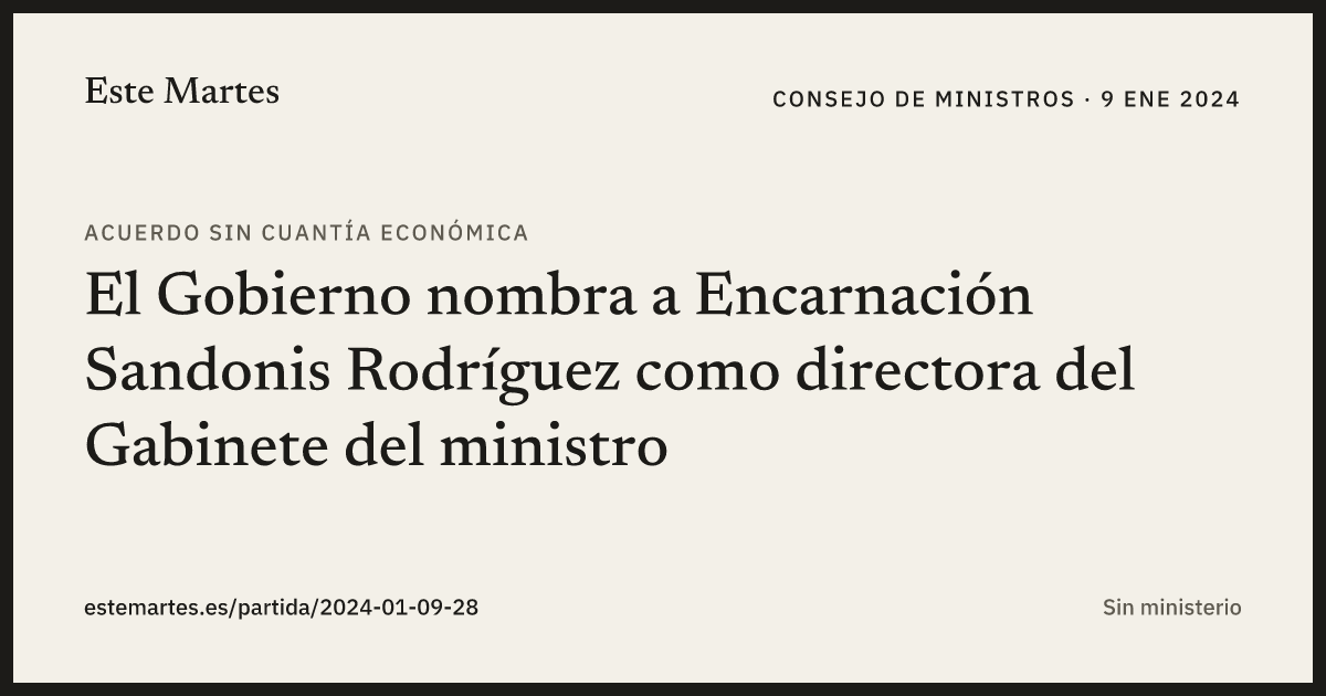 Tarjeta: El Gobierno nombra a Encarnación Sandonis Rodríguez como directora del Gabinete del ministro