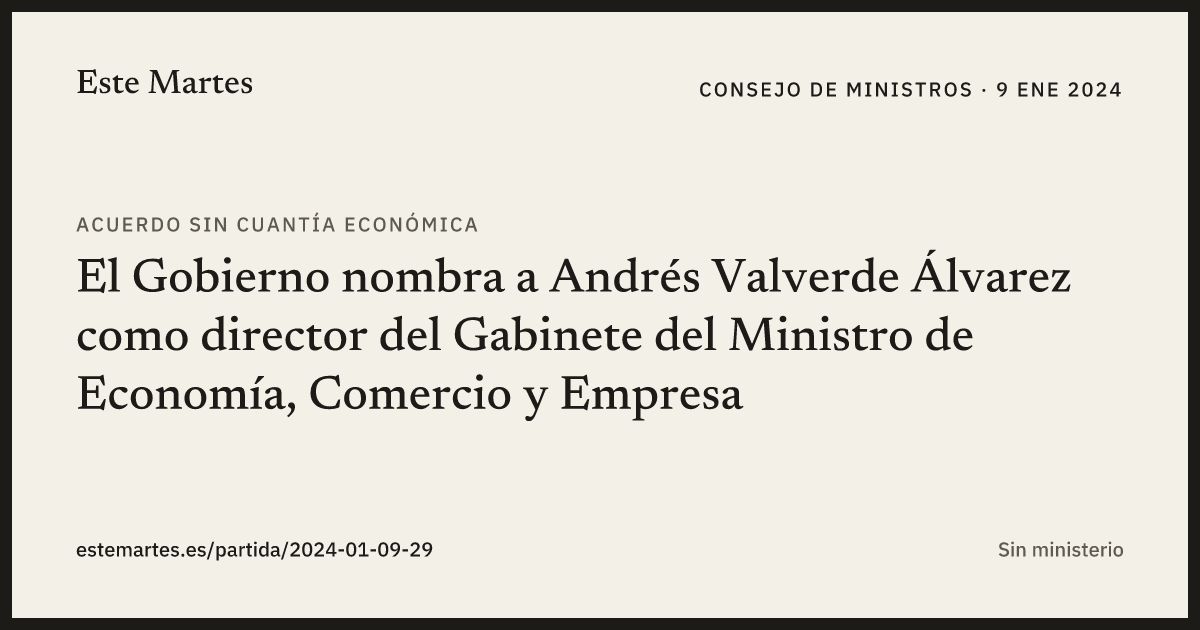 Tarjeta: El Gobierno nombra a Andrés Valverde Álvarez como director del Gabinete del Ministro de Economía, Comercio y Empresa