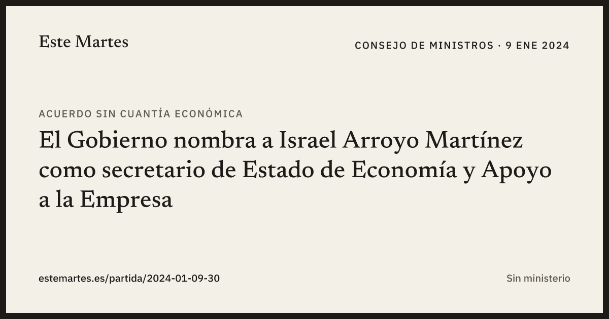 Tarjeta: El Gobierno nombra a Israel Arroyo Martínez como secretario de Estado de Economía y Apoyo a la Empresa