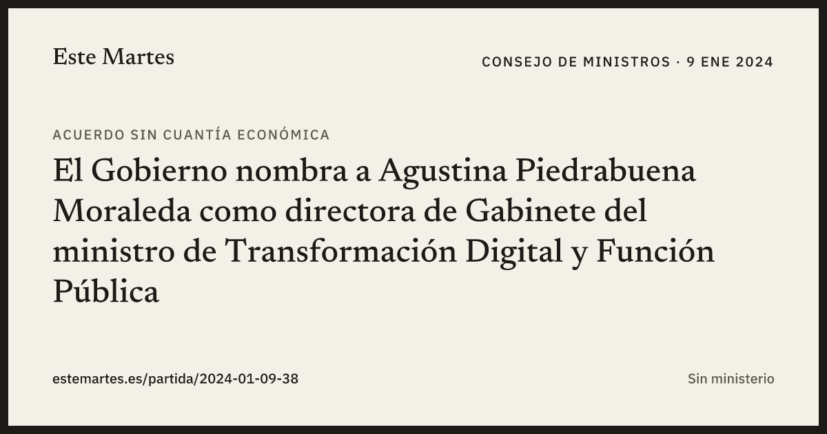 Tarjeta: El Gobierno nombra a Agustina Piedrabuena Moraleda como directora de Gabinete del ministro de Transformación Digital y Función Pública