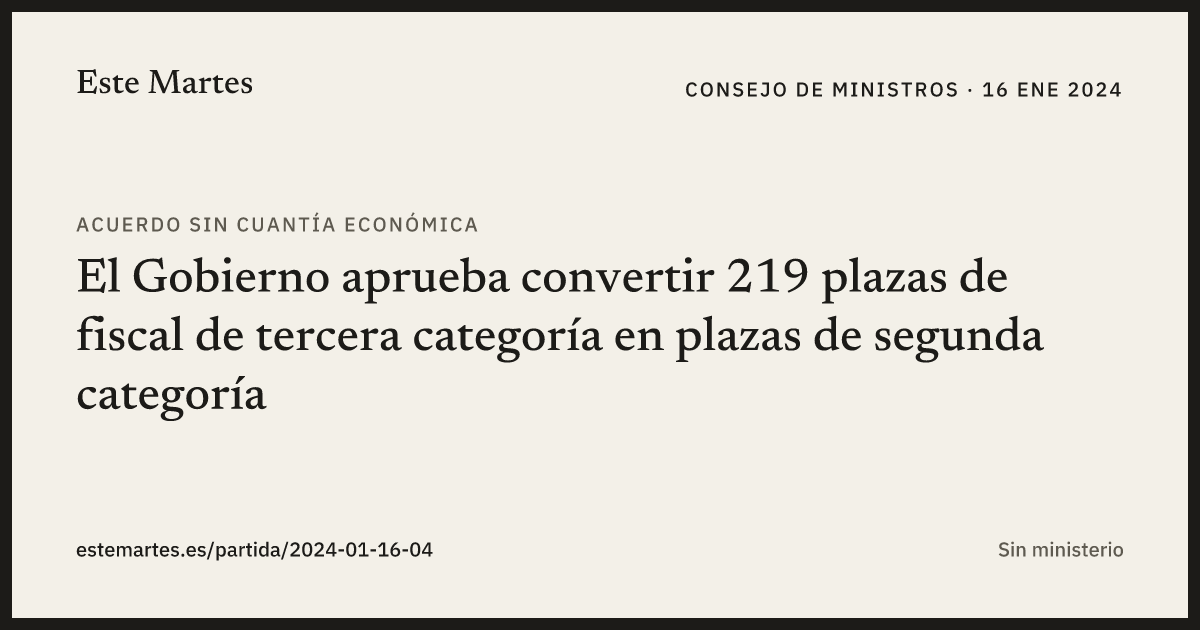 Tarjeta: El Gobierno aprueba convertir 219 plazas de fiscal de tercera categoría en plazas de segunda categoría