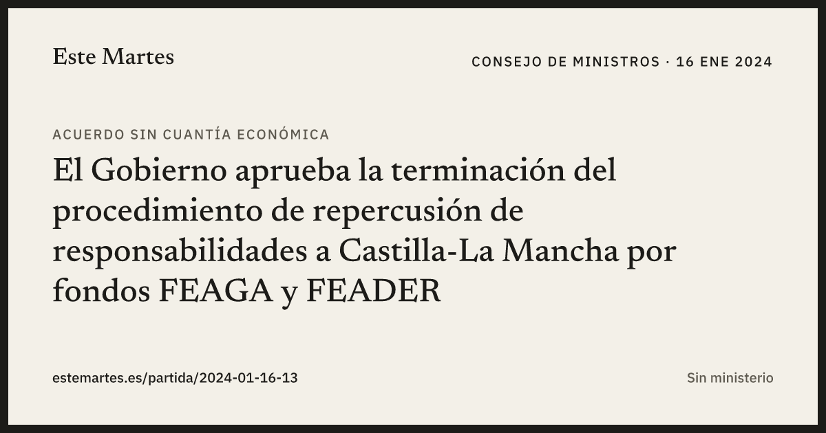 Tarjeta: El Gobierno aprueba la terminación del procedimiento de repercusión de responsabilidades a Castilla-La Mancha por fondos FEAGA y FEADER