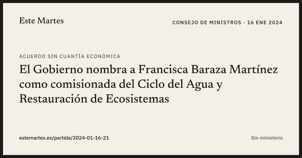 Tarjeta: El Gobierno nombra a Francisca Baraza Martínez como comisionada del Ciclo del Agua y Restauración de Ecosistemas