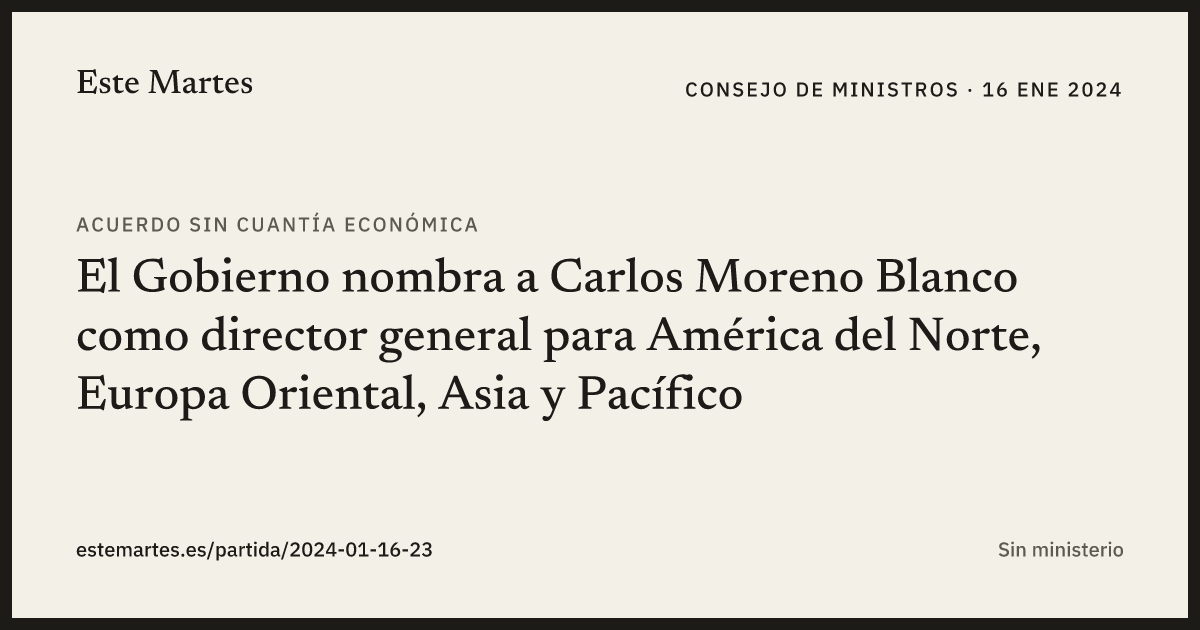 Tarjeta: El Gobierno nombra a Carlos Moreno Blanco como director general para América del Norte, Europa Oriental, Asia y Pacífico