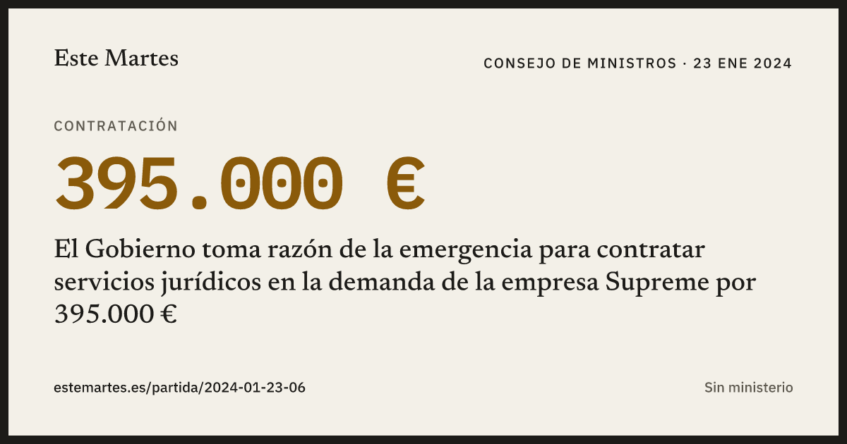 Tarjeta: El Gobierno toma razón de la emergencia para contratar servicios jurídicos en la demanda de la empresa Supreme por 395.000 €