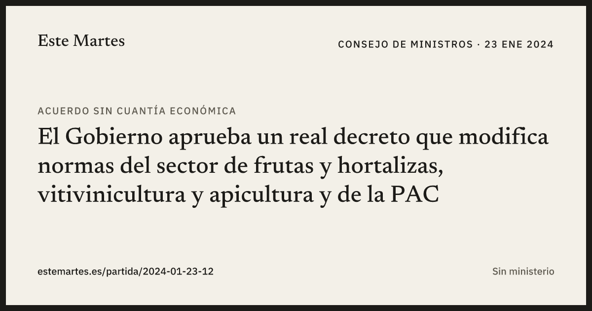 Tarjeta: El Gobierno aprueba un real decreto que modifica normas del sector de frutas y hortalizas, vitivinicultura y apicultura y de la PAC