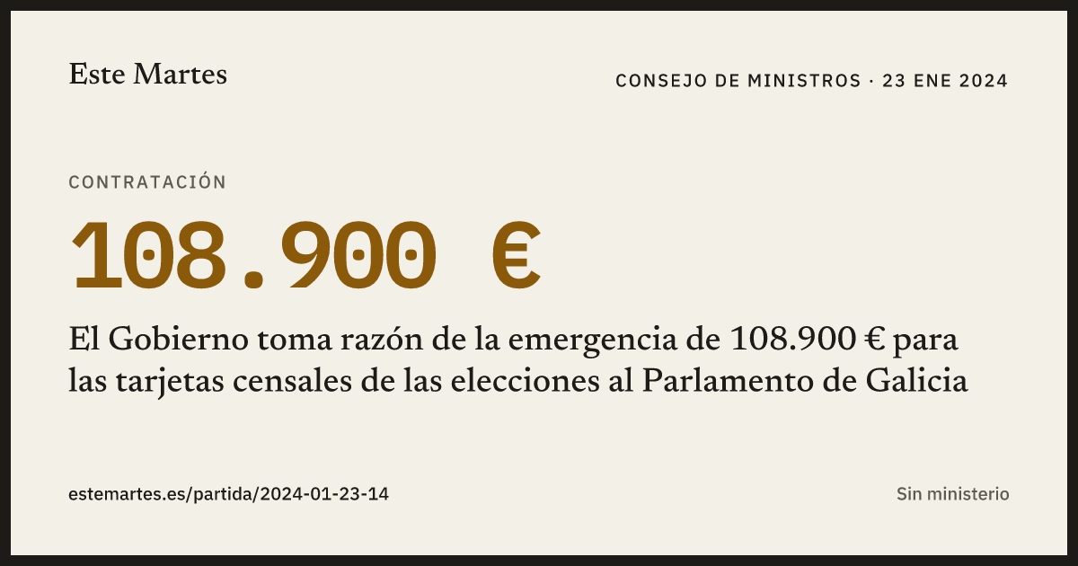 Tarjeta: El Gobierno toma razón de la emergencia de 108.900 € para las tarjetas censales de las elecciones al Parlamento de Galicia