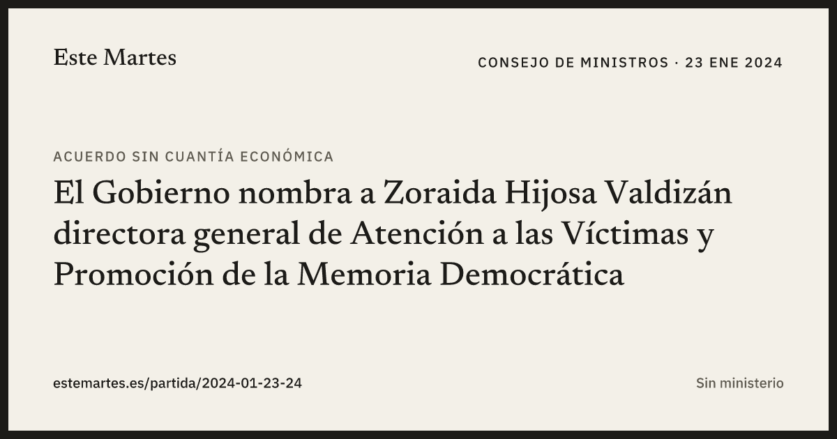 Tarjeta: El Gobierno nombra a Zoraida Hijosa Valdizán directora general de Atención a las Víctimas y Promoción de la Memoria Democrática