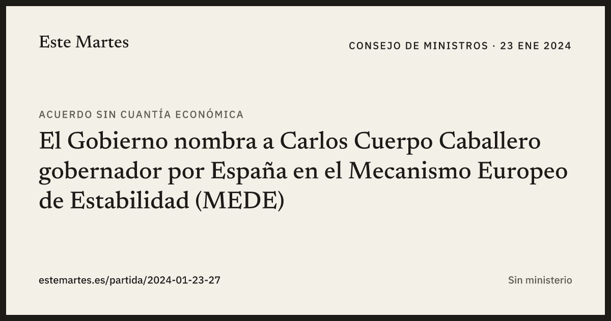 Tarjeta: El Gobierno nombra a Carlos Cuerpo Caballero gobernador por España en el Mecanismo Europeo de Estabilidad (MEDE)