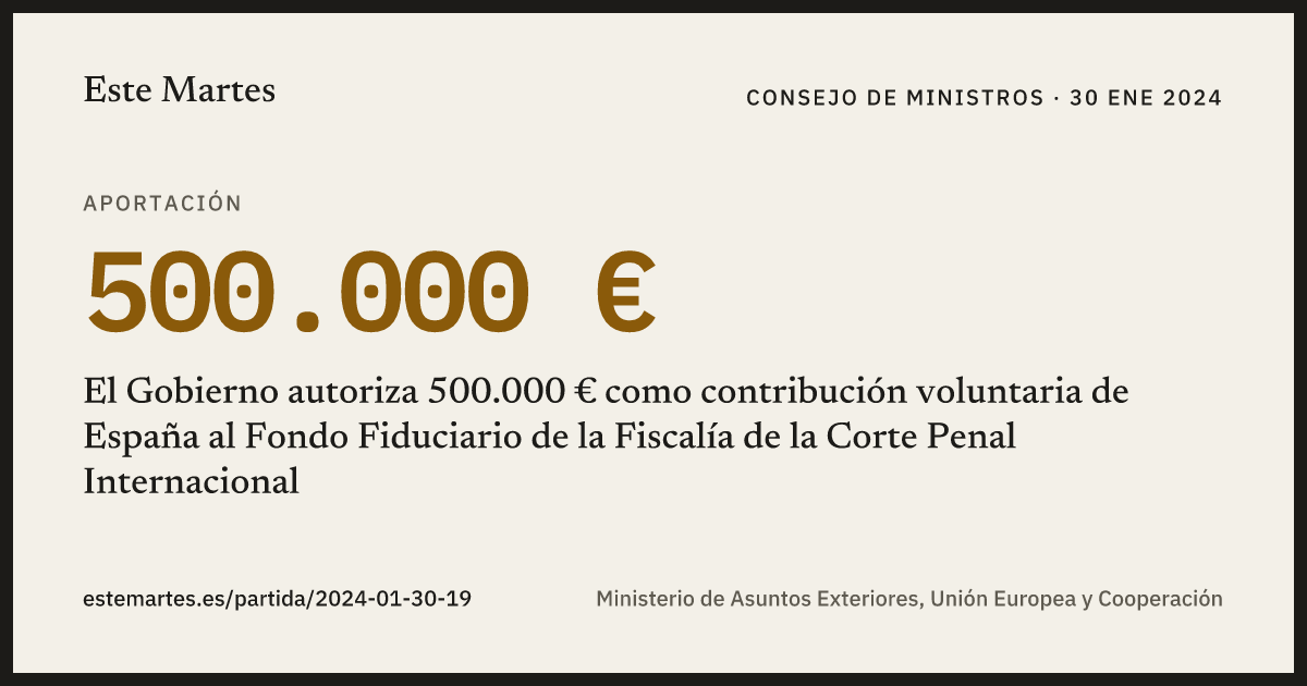 Tarjeta: El Gobierno autoriza 500.000 € como contribución voluntaria de España al Fondo Fiduciario de la Fiscalía de la Corte Penal Internacional