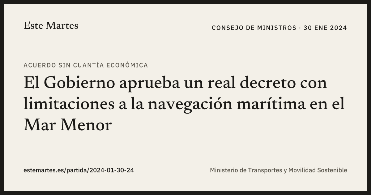 Tarjeta: El Gobierno aprueba un real decreto con limitaciones a la navegación marítima en el Mar Menor