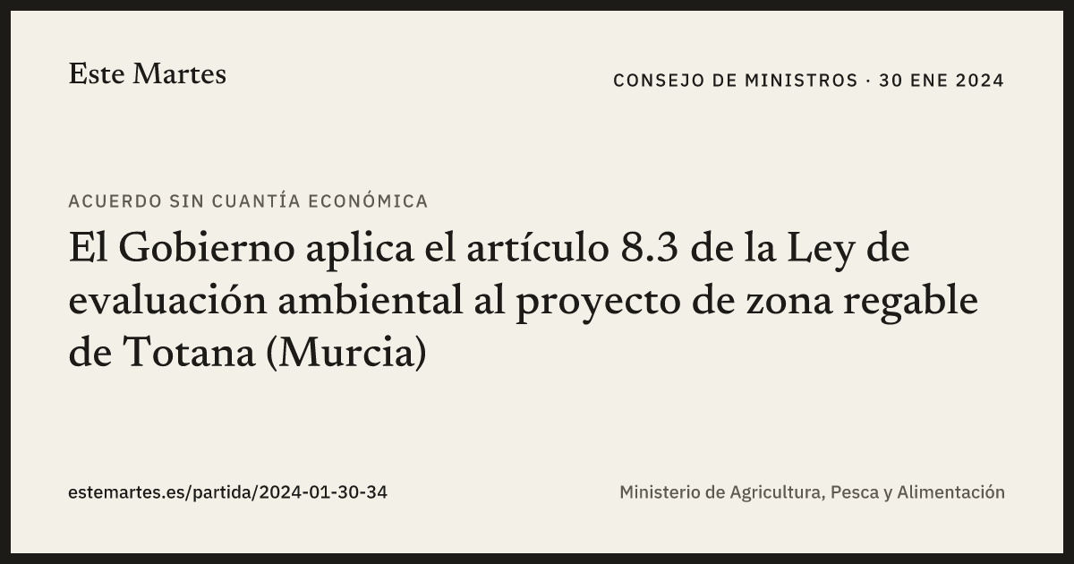 Tarjeta: El Gobierno aplica el artículo 8.3 de la Ley de evaluación ambiental al proyecto de zona regable de Totana (Murcia)