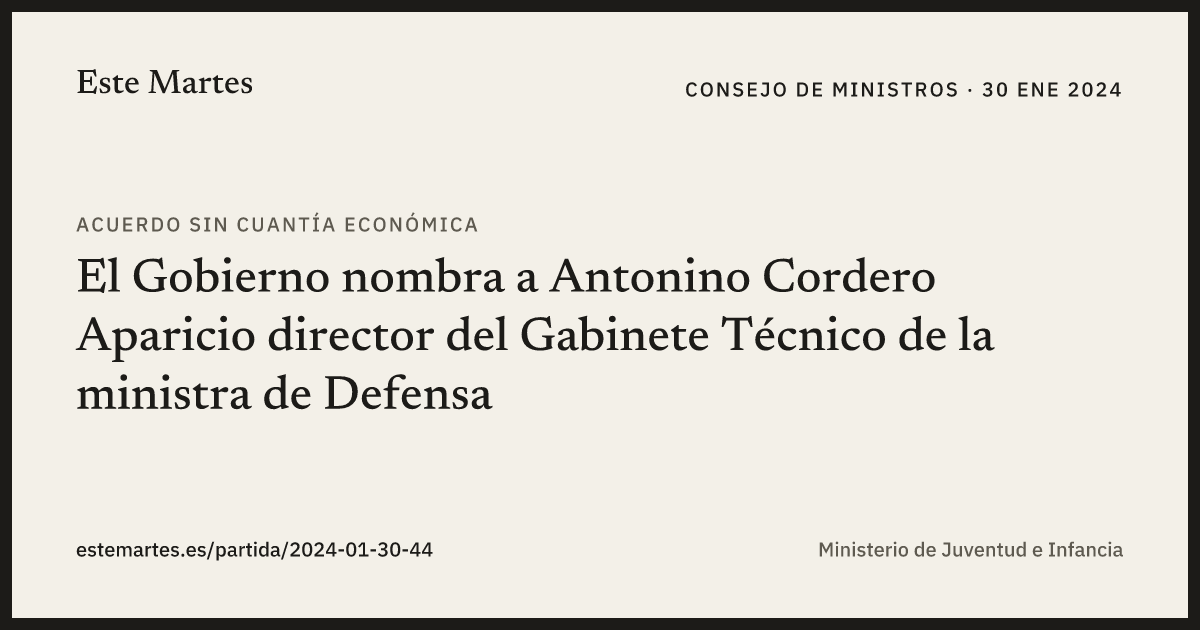 Tarjeta: El Gobierno nombra a Antonino Cordero Aparicio director del Gabinete Técnico de la ministra de Defensa