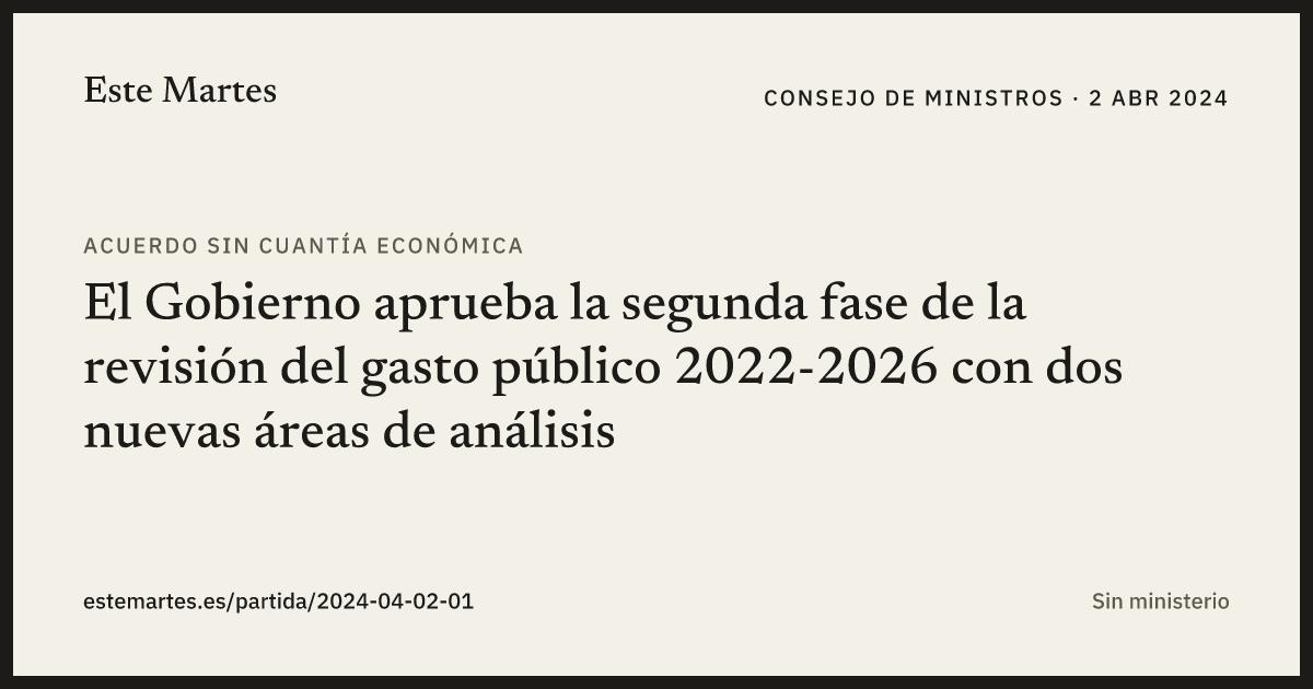 Tarjeta: El Gobierno aprueba la segunda fase de la revisión del gasto público 2022-2026 con dos nuevas áreas de análisis