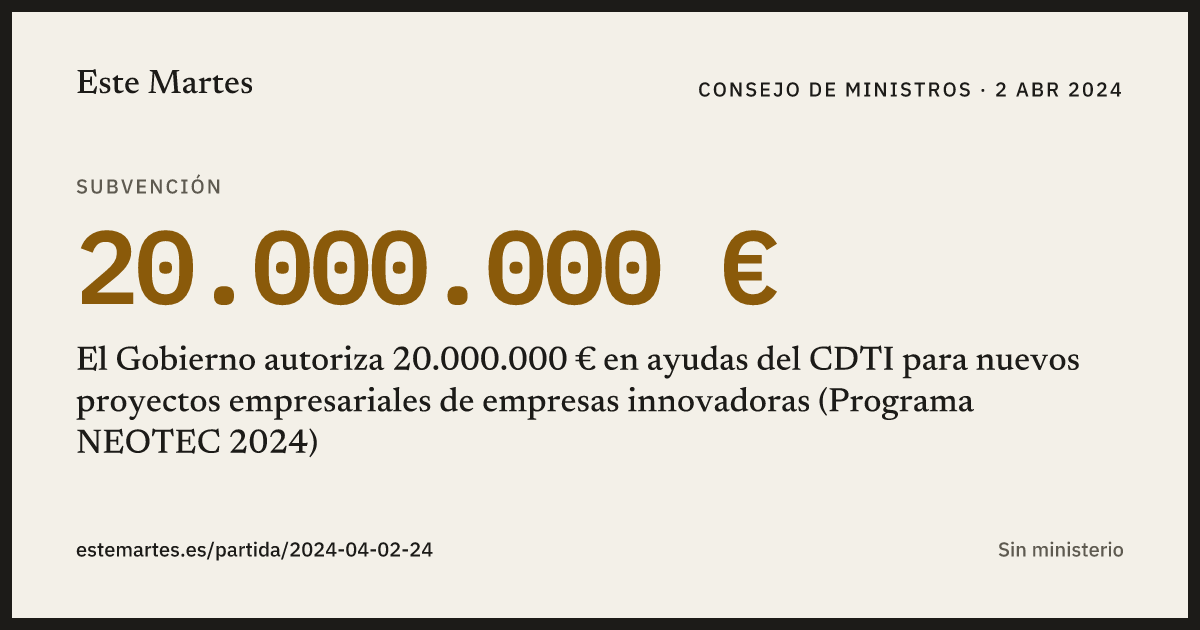 Tarjeta: El Gobierno autoriza 20.000.000 € en ayudas del CDTI para nuevos proyectos empresariales de empresas innovadoras (Programa NEOTEC 2024)