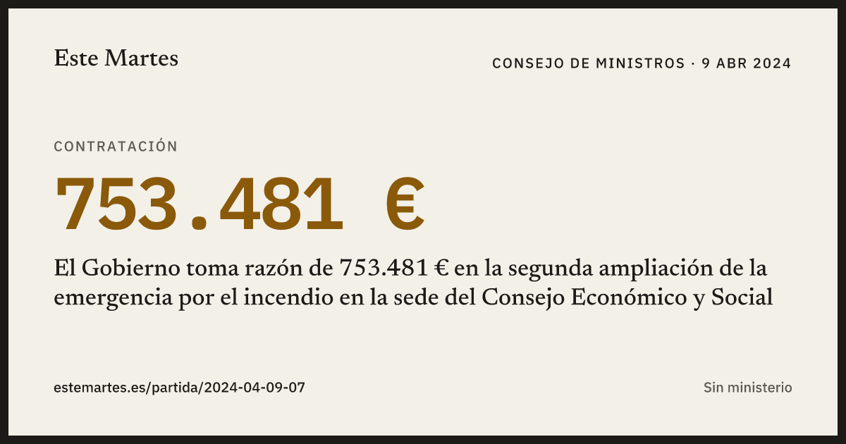 Tarjeta: El Gobierno toma razón de 753.481 € en la segunda ampliación de la emergencia por el incendio en la sede del Consejo Económico y Social