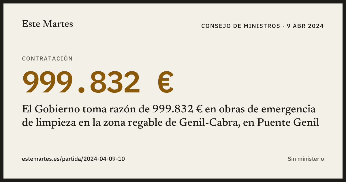 Tarjeta: El Gobierno toma razón de 999.832 € en obras de emergencia de limpieza en la zona regable de Genil-Cabra, en Puente Genil