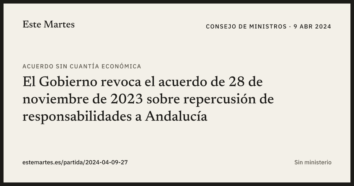Tarjeta: El Gobierno revoca el acuerdo de 28 de noviembre de 2023 sobre repercusión de responsabilidades a Andalucía