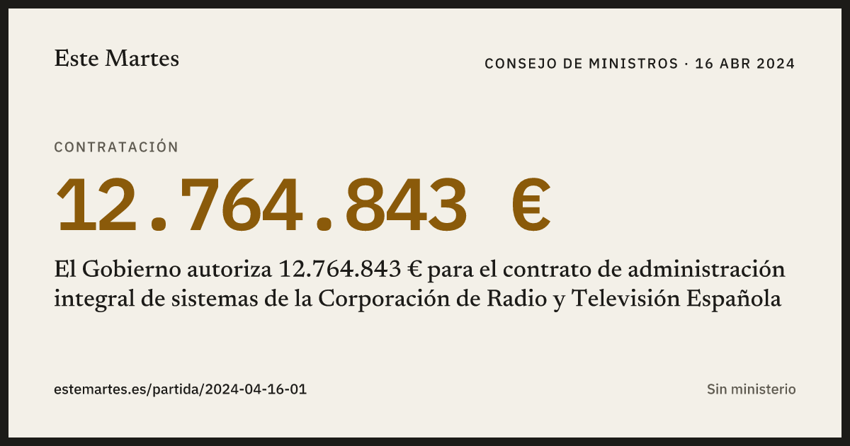 Tarjeta: El Gobierno autoriza 12.764.843 € para el contrato de administración integral de sistemas de la Corporación de Radio y Televisión Española