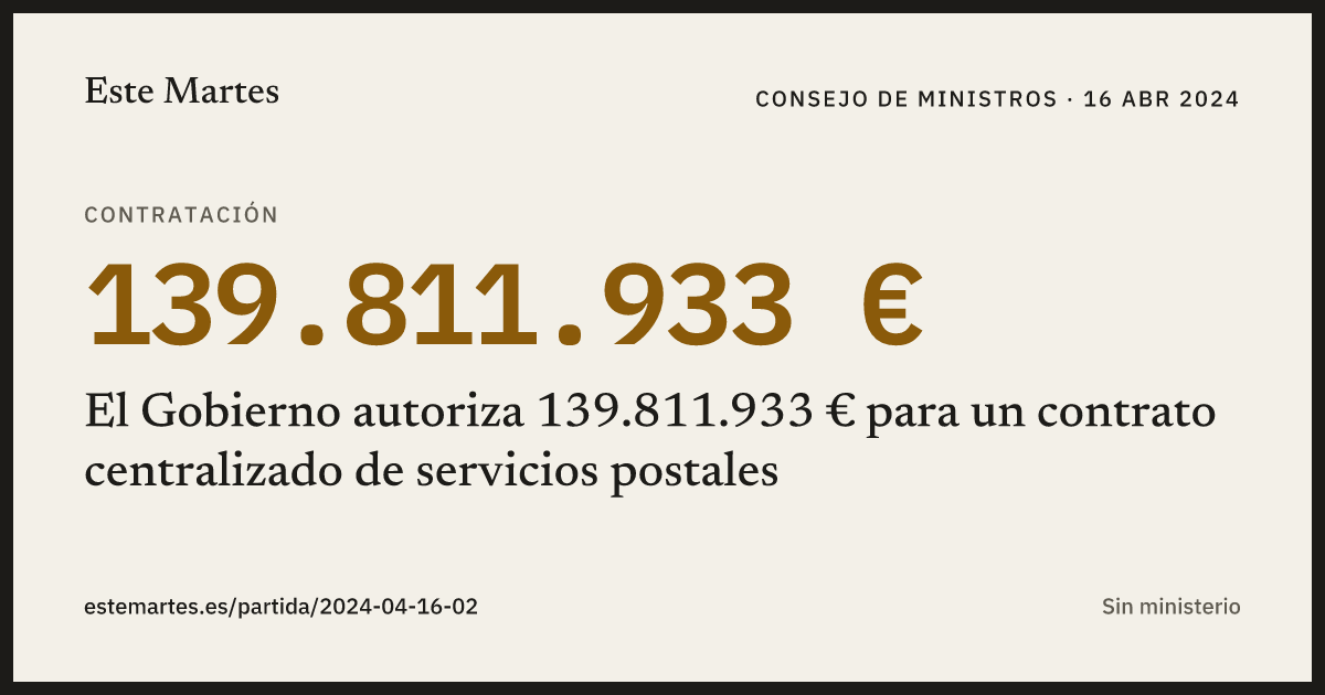 Tarjeta: El Gobierno autoriza 139.811.933 € para un contrato centralizado de servicios postales