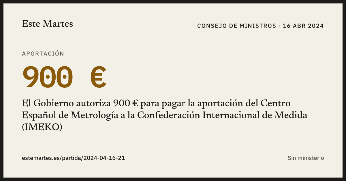 Tarjeta: El Gobierno autoriza 900 € para pagar la aportación del Centro Español de Metrología a la Confederación Internacional de Medida (IMEKO)