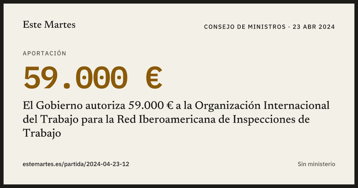 Tarjeta: El Gobierno autoriza 59.000 € a la Organización Internacional del Trabajo para la Red Iberoamericana de Inspecciones de Trabajo