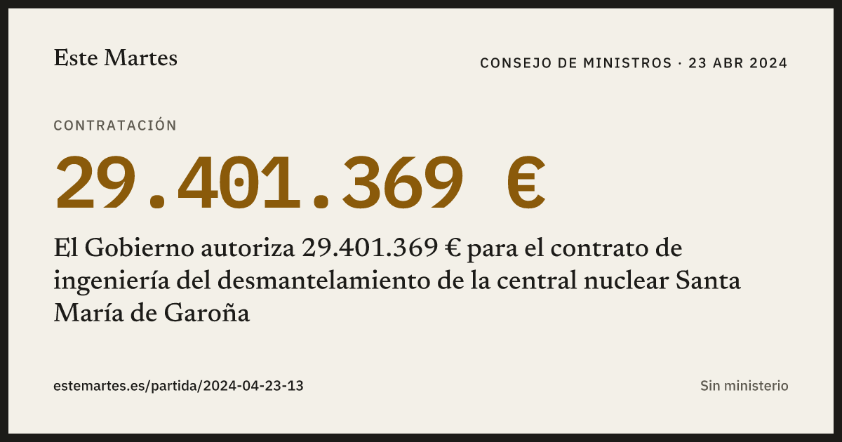 Tarjeta: El Gobierno autoriza 29.401.369 € para el contrato de ingeniería del desmantelamiento de la central nuclear Santa María de Garoña