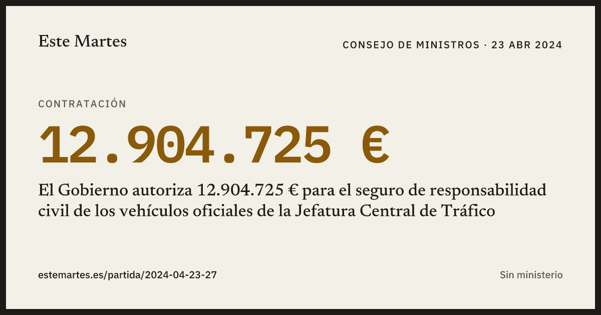 Tarjeta: El Gobierno autoriza 12.904.725 € para el seguro de responsabilidad civil de los vehículos oficiales de la Jefatura Central de Tráfico