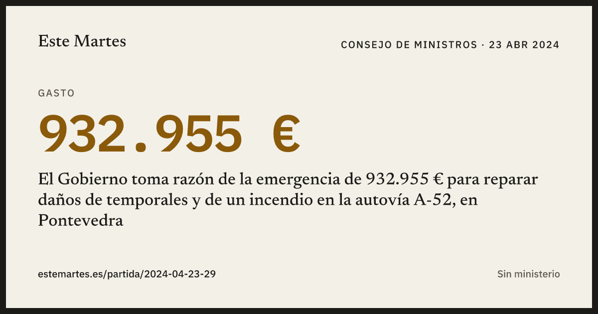 Tarjeta: El Gobierno toma razón de la emergencia de 932.955 € para reparar daños de temporales y de un incendio en la autovía A-52, en Pontevedra