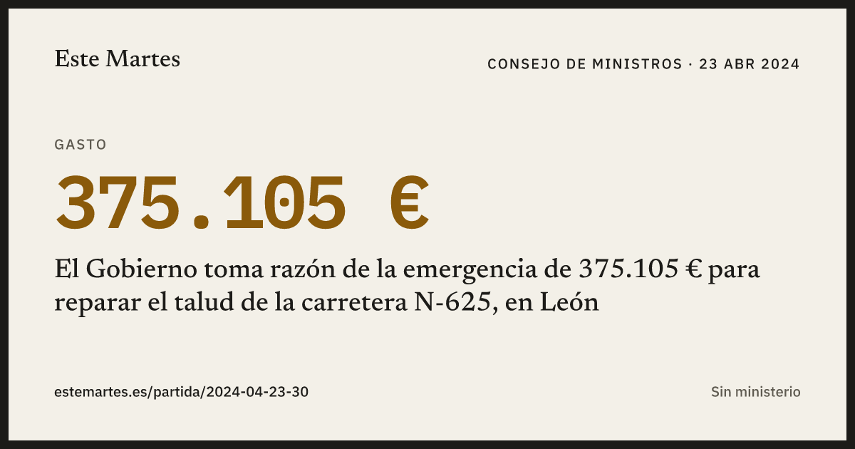 Tarjeta: El Gobierno toma razón de la emergencia de 375.105 € para reparar el talud de la carretera N-625, en León