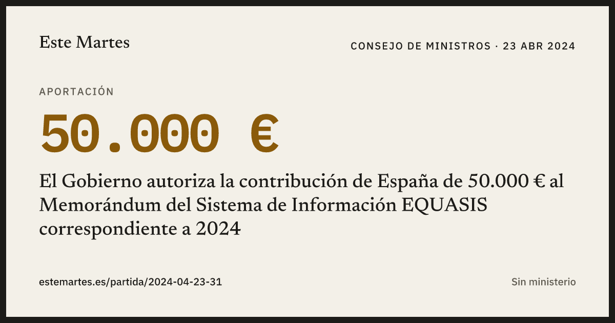 Tarjeta: El Gobierno autoriza la contribución de España de 50.000 € al Memorándum del Sistema de Información EQUASIS correspondiente a 2024