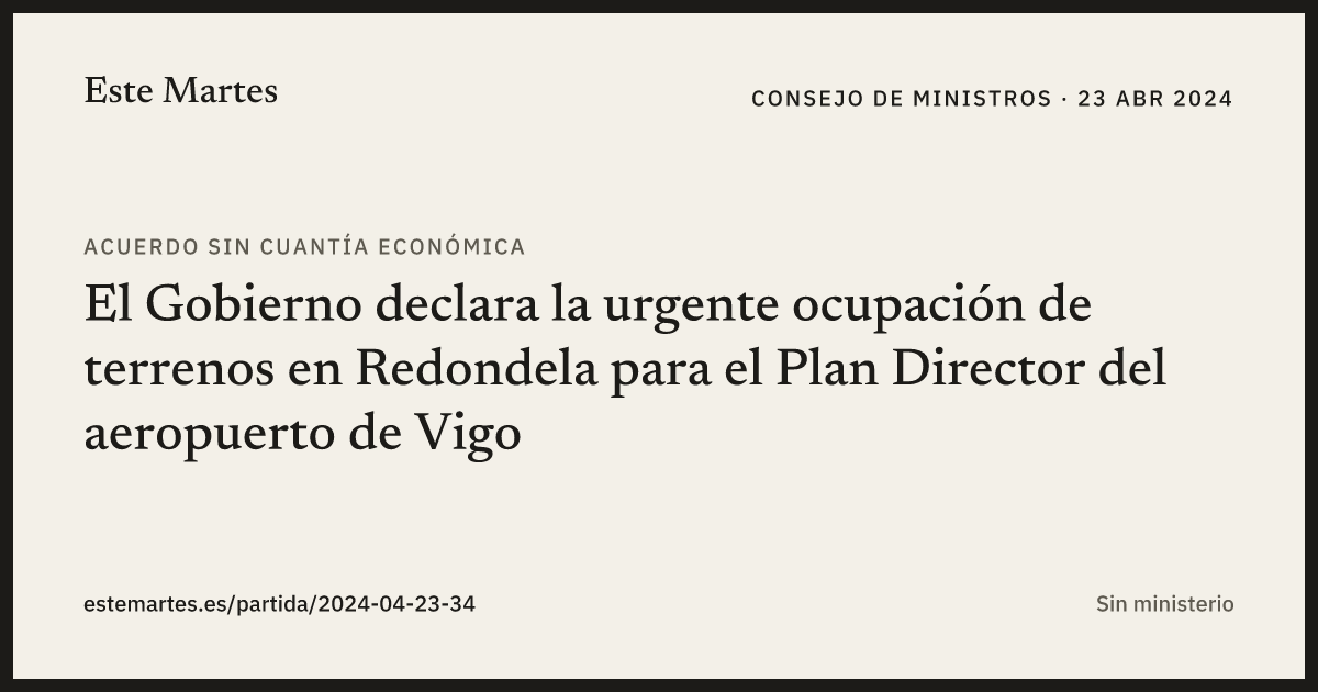 Tarjeta: El Gobierno declara la urgente ocupación de terrenos en Redondela para el Plan Director del aeropuerto de Vigo