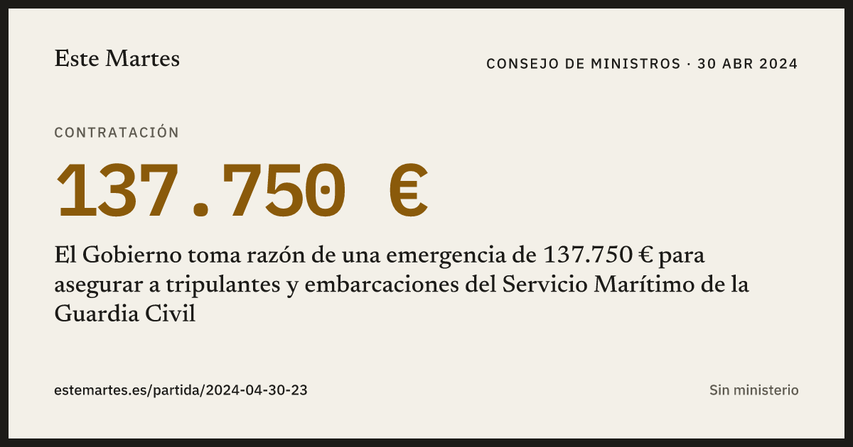 Tarjeta: El Gobierno toma razón de una emergencia de 137.750 € para asegurar a tripulantes y embarcaciones del Servicio Marítimo de la Guardia Civil