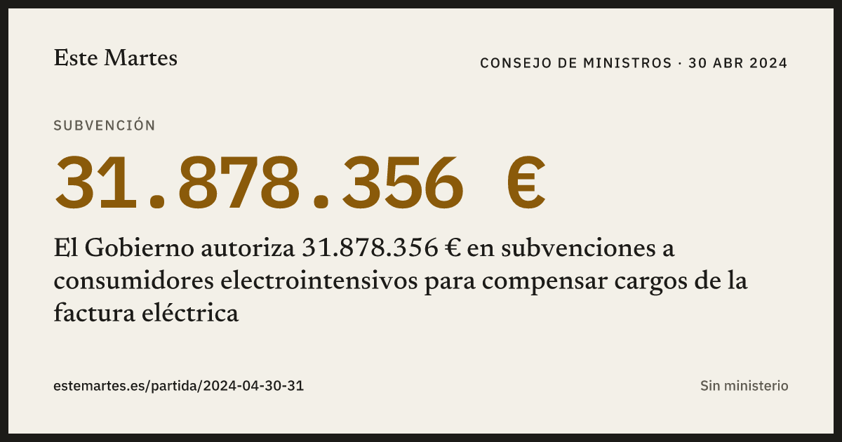 Tarjeta: El Gobierno autoriza 31.878.356 € en subvenciones a consumidores electrointensivos para compensar cargos de la factura eléctrica