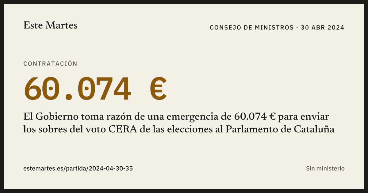 Tarjeta: El Gobierno toma razón de una emergencia de 60.074 € para enviar los sobres del voto CERA de las elecciones al Parlamento de Cataluña