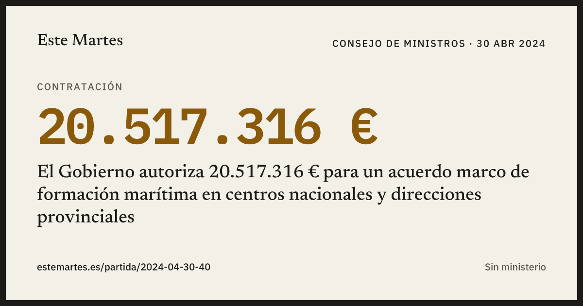 Tarjeta: El Gobierno autoriza 20.517.316 € para un acuerdo marco de formación marítima en centros nacionales y direcciones provinciales