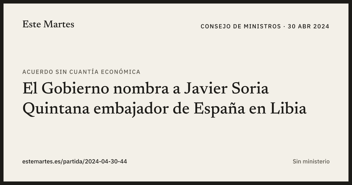 Tarjeta: El Gobierno nombra a Javier Soria Quintana embajador de España en Libia