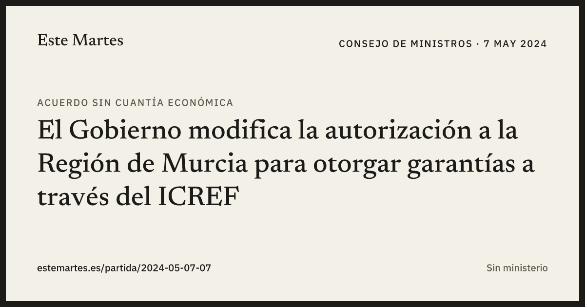 Tarjeta: El Gobierno modifica la autorización a la Región de Murcia para otorgar garantías a través del ICREF