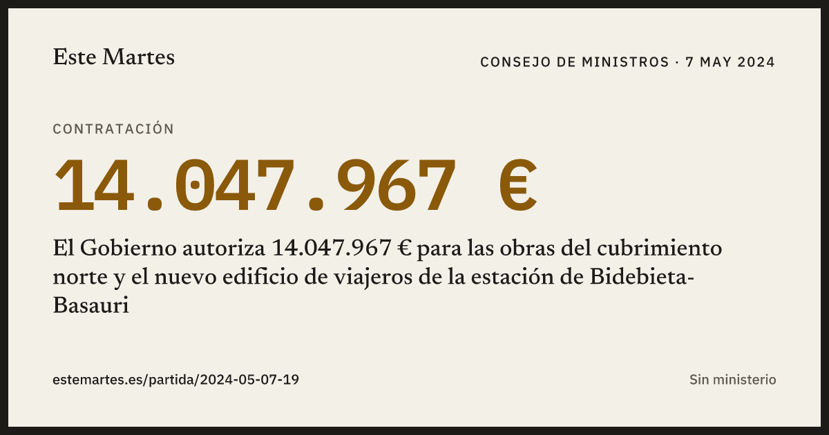 Tarjeta: El Gobierno autoriza 14.047.967 € para las obras del cubrimiento norte y el nuevo edificio de viajeros de la estación de Bidebieta-Basauri
