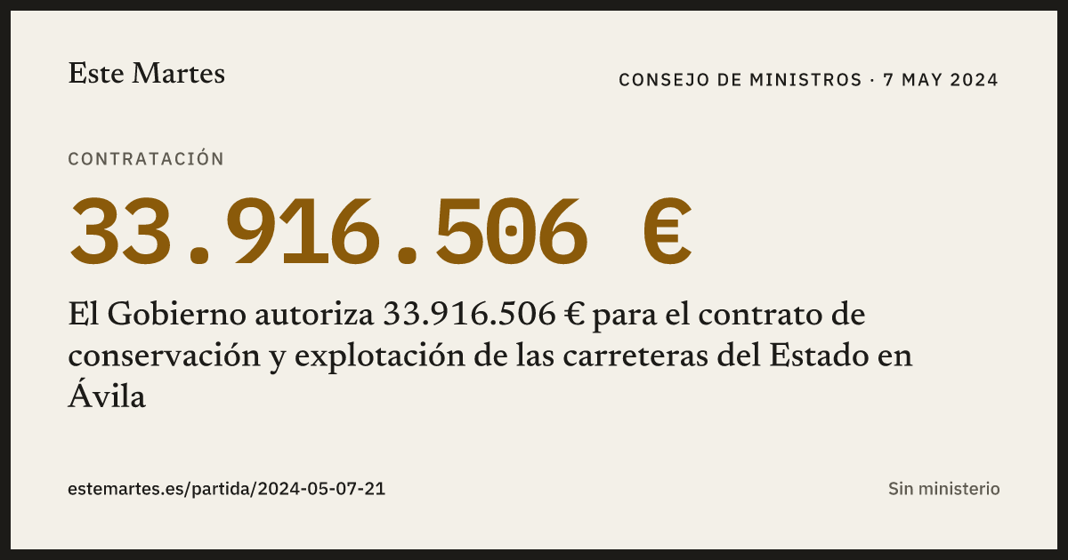 Tarjeta: El Gobierno autoriza 33.916.506 € para el contrato de conservación y explotación de las carreteras del Estado en Ávila