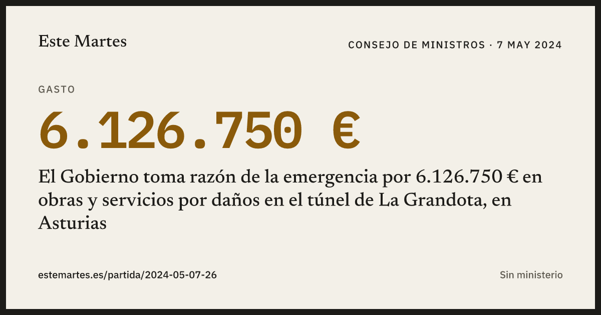 Tarjeta: El Gobierno toma razón de la emergencia por 6.126.750 € en obras y servicios por daños en el túnel de La Grandota, en Asturias