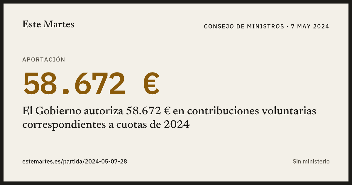 Tarjeta: El Gobierno autoriza 58.672 € en contribuciones voluntarias correspondientes a cuotas de 2024