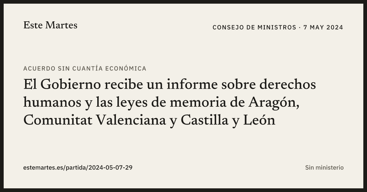 Tarjeta: El Gobierno recibe un informe sobre derechos humanos y las leyes de memoria de Aragón, Comunitat Valenciana y Castilla y León