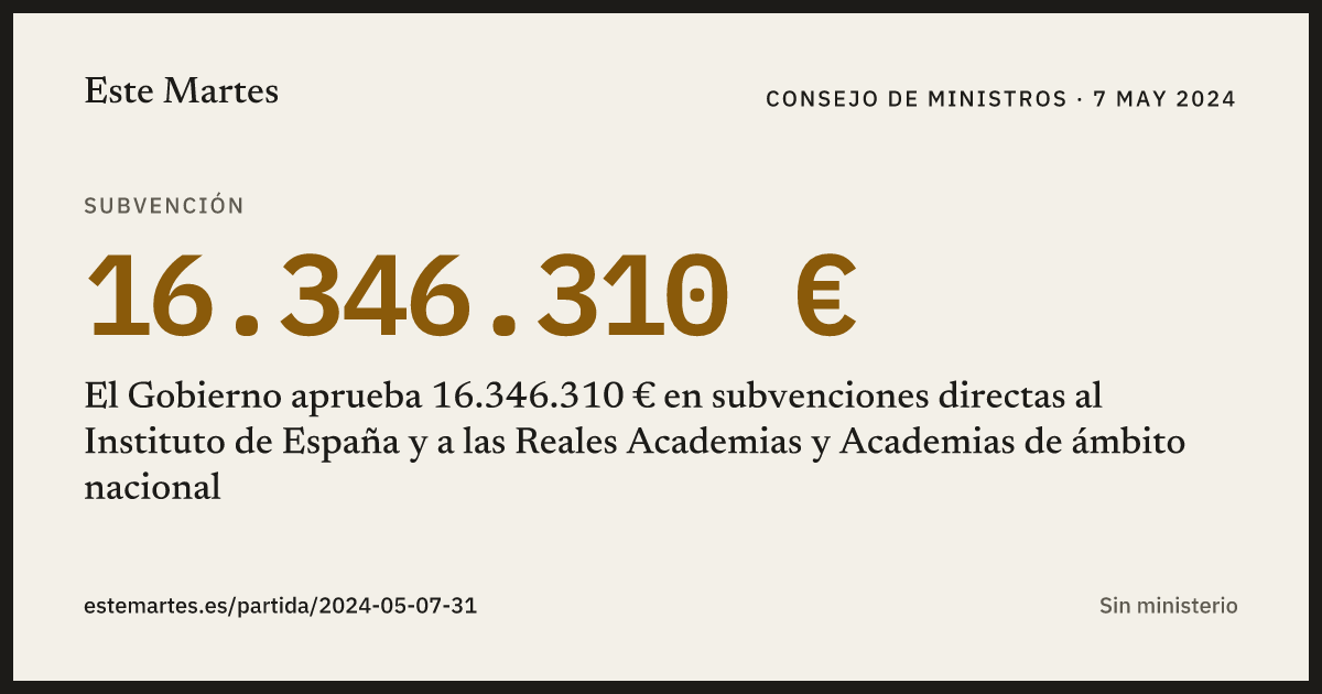 Tarjeta: El Gobierno aprueba 16.346.310 € en subvenciones directas al Instituto de España y a las Reales Academias y Academias de ámbito nacional