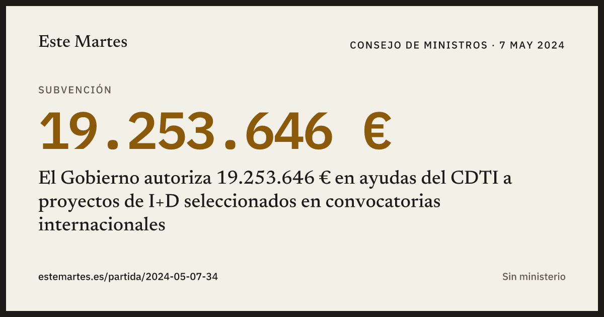 Tarjeta: El Gobierno autoriza 19.253.646 € en ayudas del CDTI a proyectos de I+D seleccionados en convocatorias internacionales