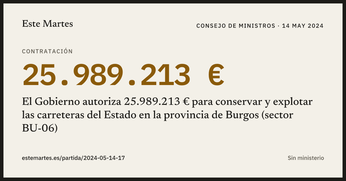 Tarjeta: El Gobierno autoriza 25.989.213 € para conservar y explotar las carreteras del Estado en la provincia de Burgos (sector BU-06)