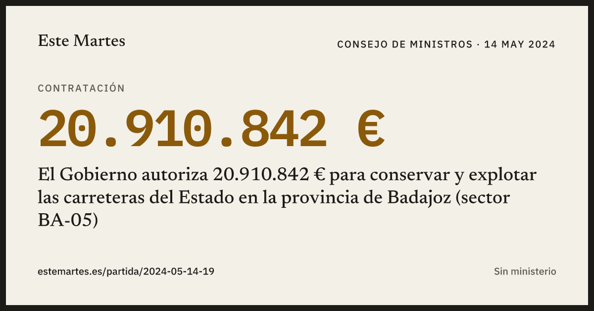 Tarjeta: El Gobierno autoriza 20.910.842 € para conservar y explotar las carreteras del Estado en la provincia de Badajoz (sector BA-05)